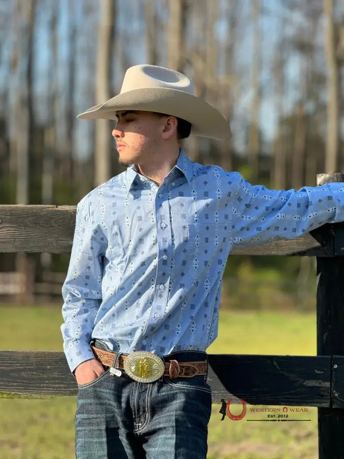 Panhandle Blue Aztec Button Long Sleeve Shirt Ropa Hombres