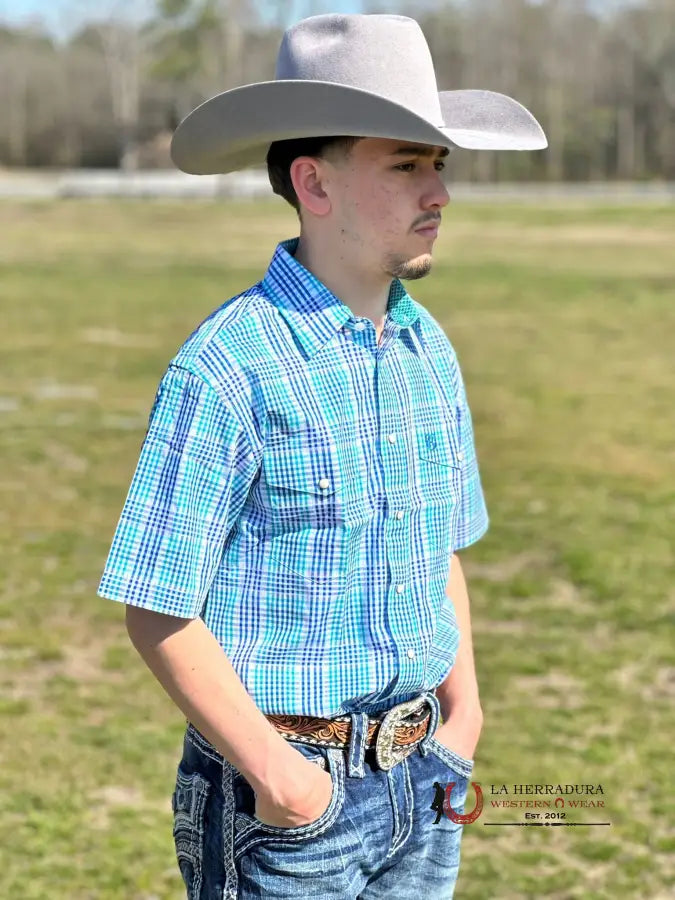 Panhandle Blue Plaid Short Sleeve Shirt Ropa Hombres