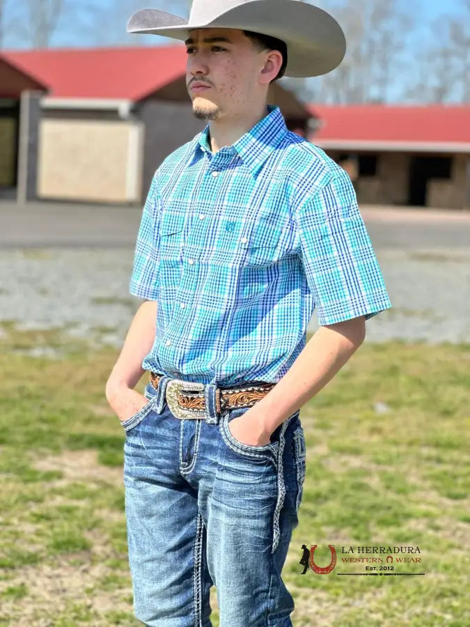 Panhandle Blue Plaid Short Sleeve Shirt Ropa Hombres