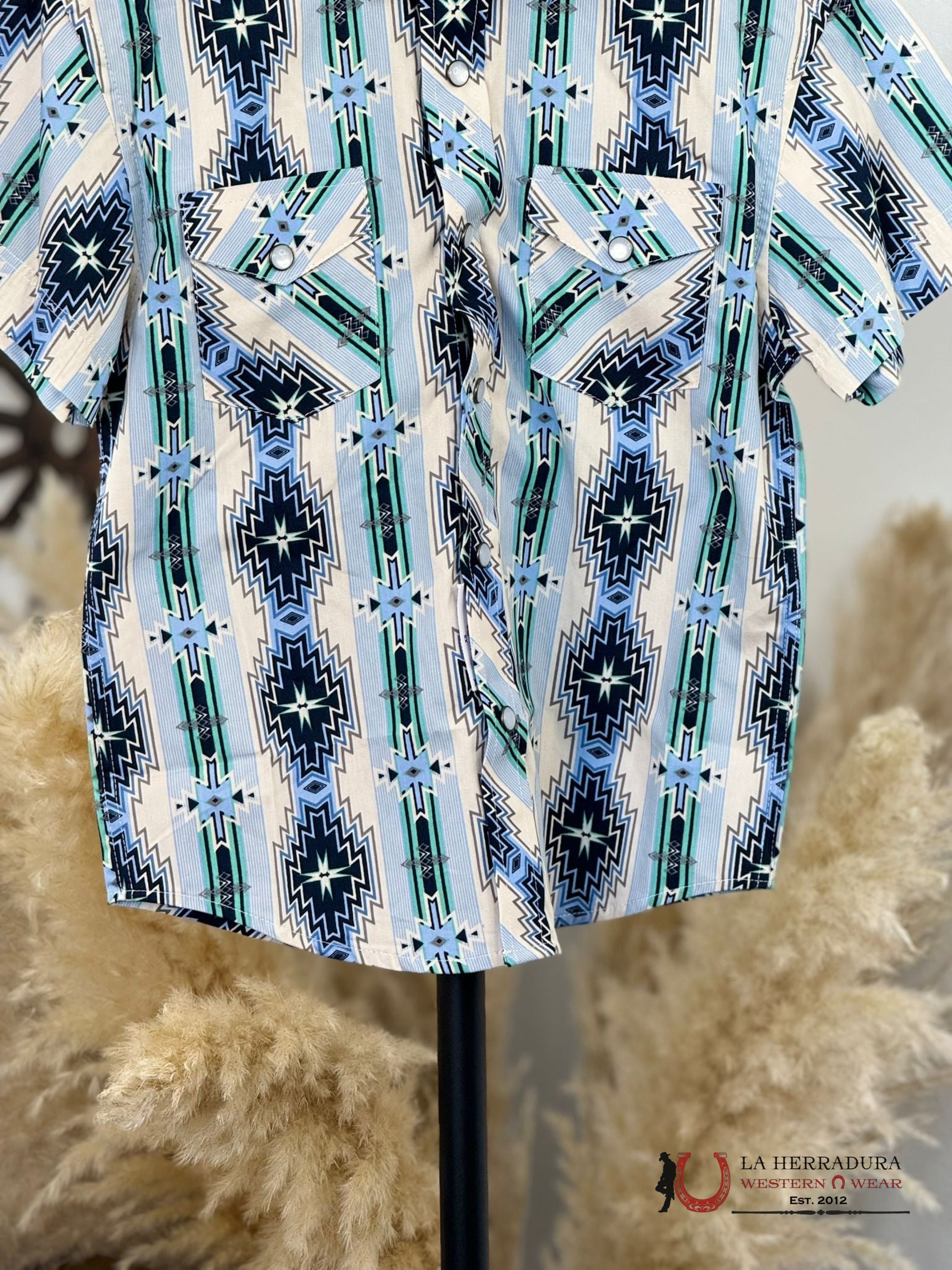 Panhandle Boys Baby Blue Aztec Snap Short Sleeve Shirt Niños