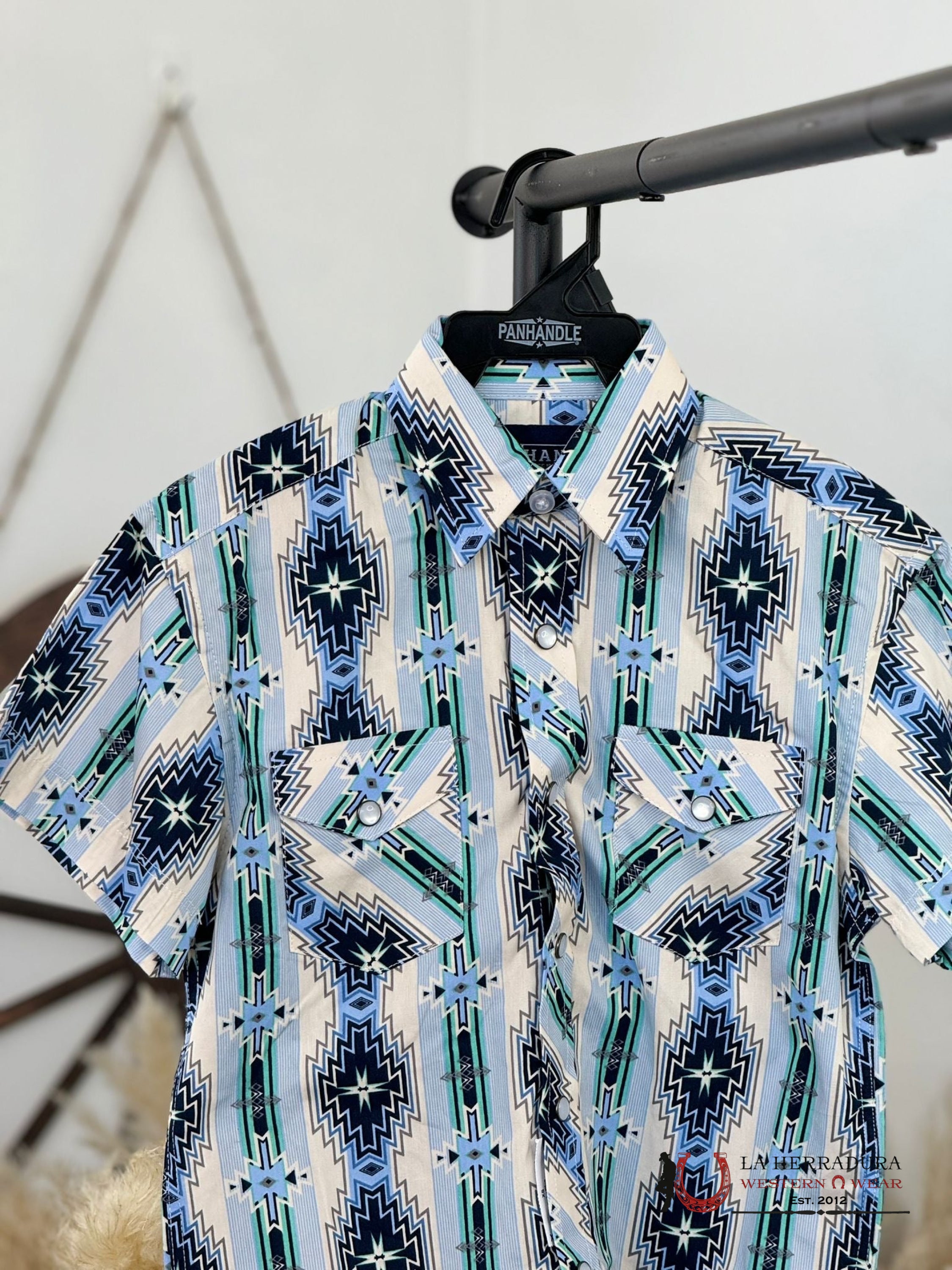 Panhandle Boys Baby Blue Aztec Snap Short Sleeve Shirt Niños