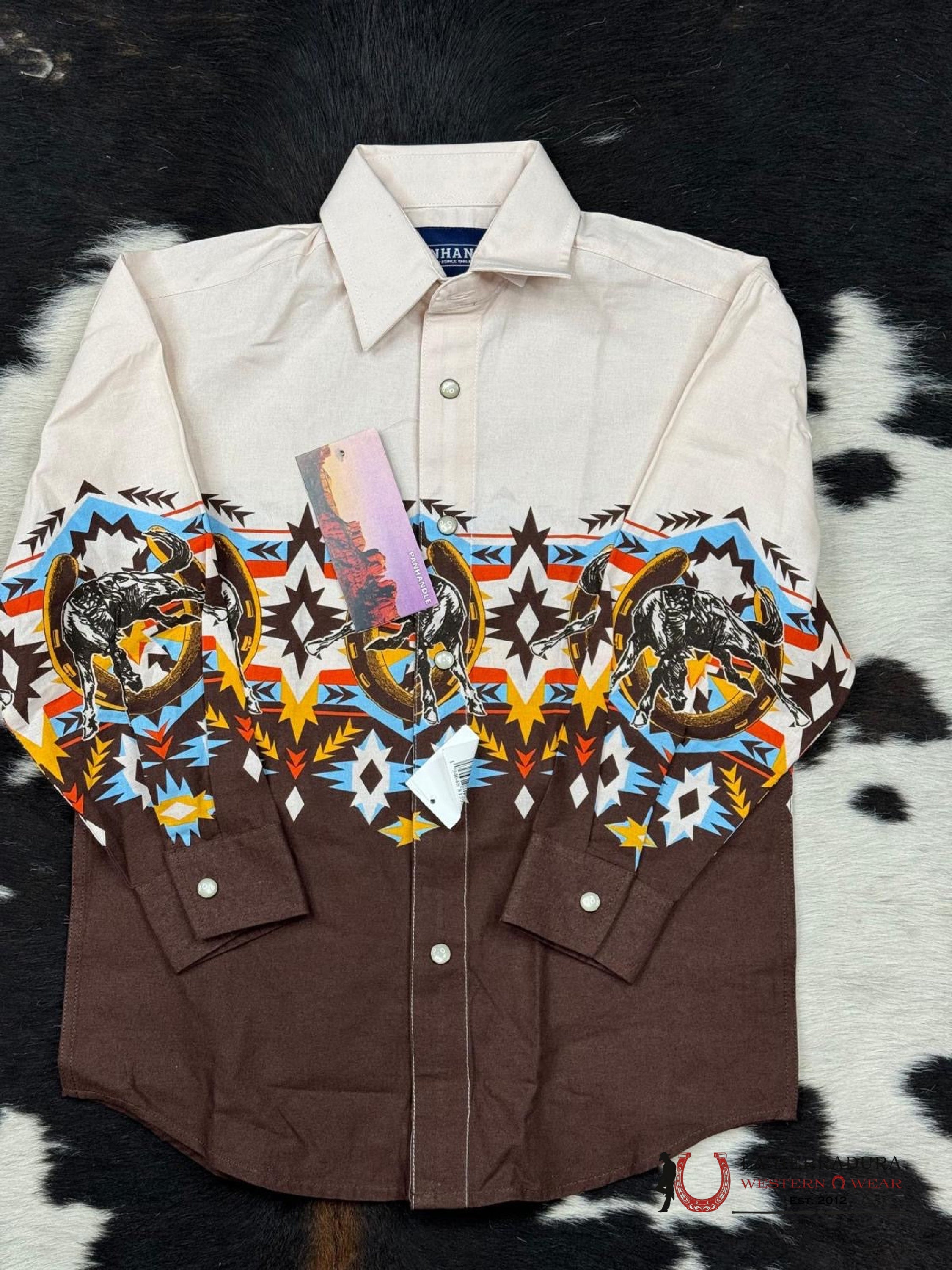 Panhandle Boys Natural Aztec Western Boarder Long Sleeve Snap Niños