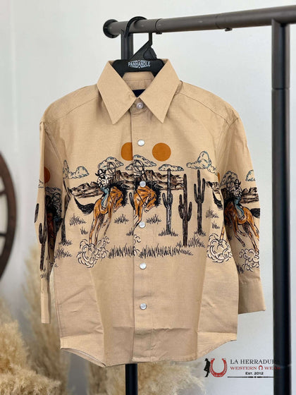PANHANDLE BOYS TAN BRONC BORDER LONG SLEEVE SHIRT SBN2S03217