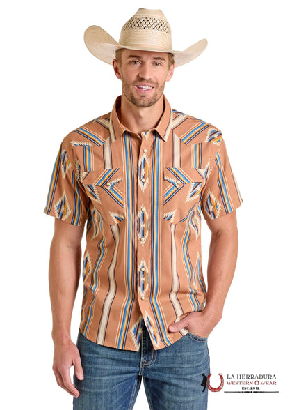 PANHANDLE CAMEL SHORT SLEEVE WITH MULTI COLOR AZTEC PRINT SHIRT - PMN3S06578