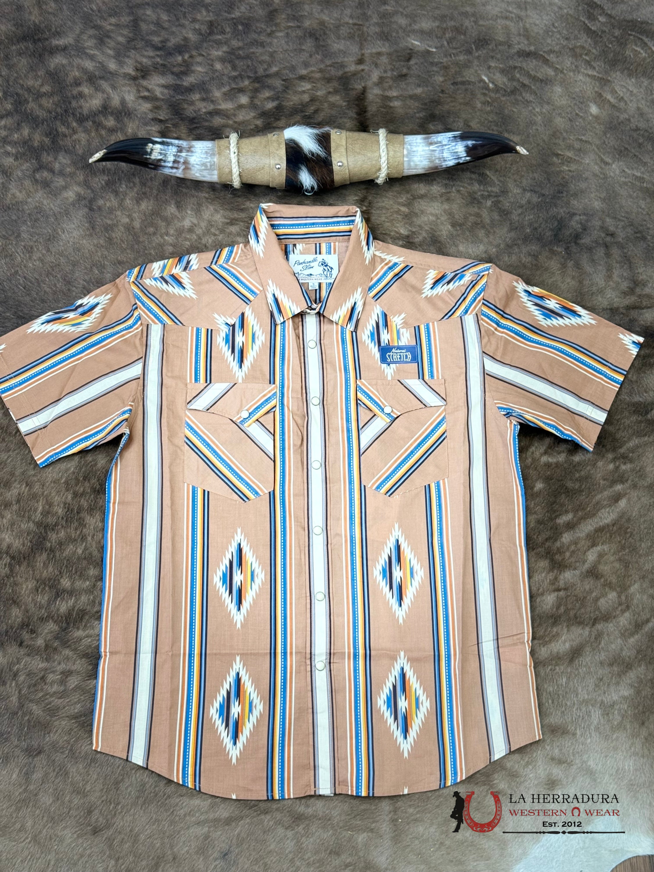 Panhandle Camel Short Sleeve With Multi Color Aztec Print Shirt - 6578 ROPA HOMBRES
