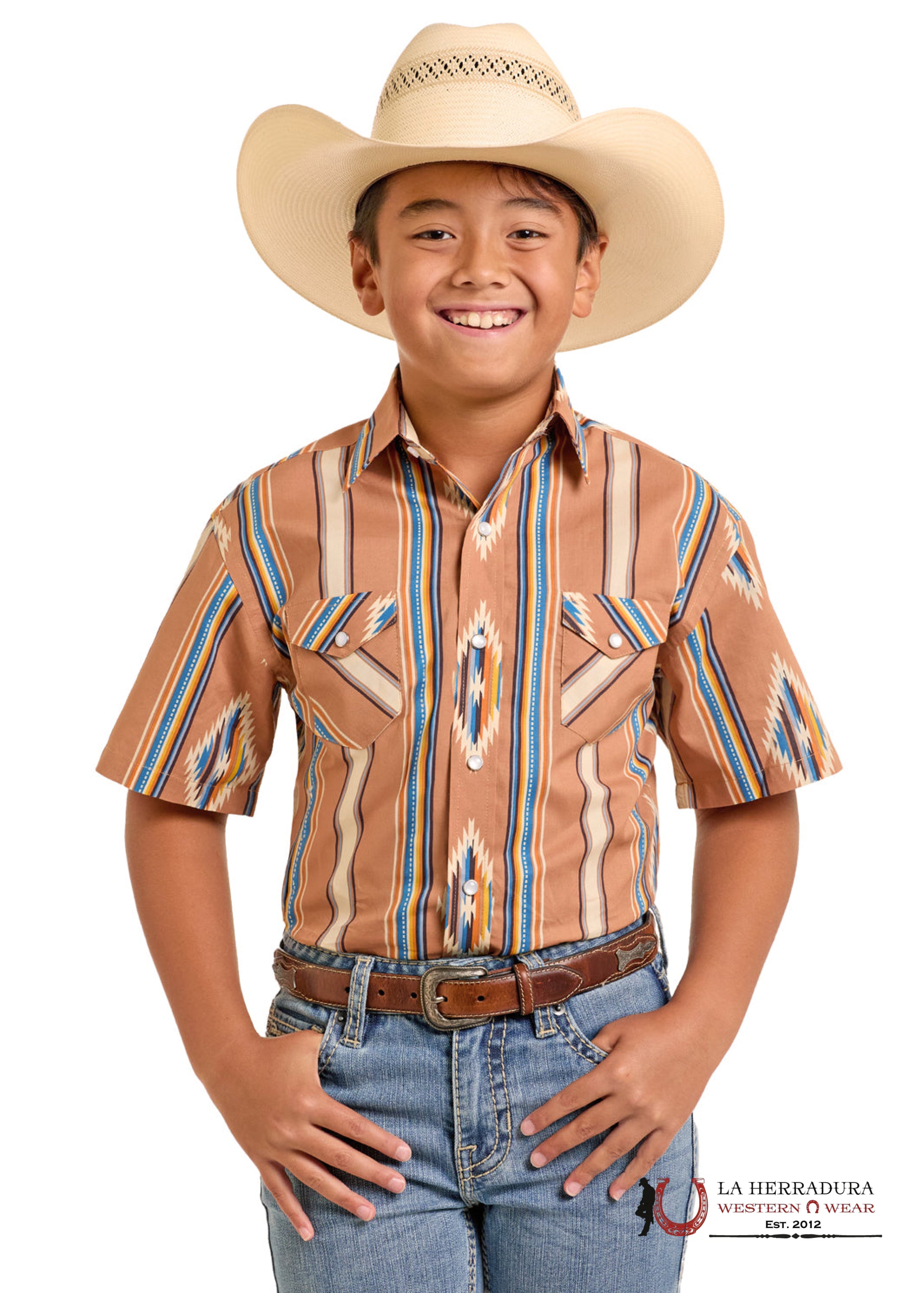 Panhandle Camel Stripe Aztec Short Sleeve Shirt Boys - PBN3S06578 NIÑOS
