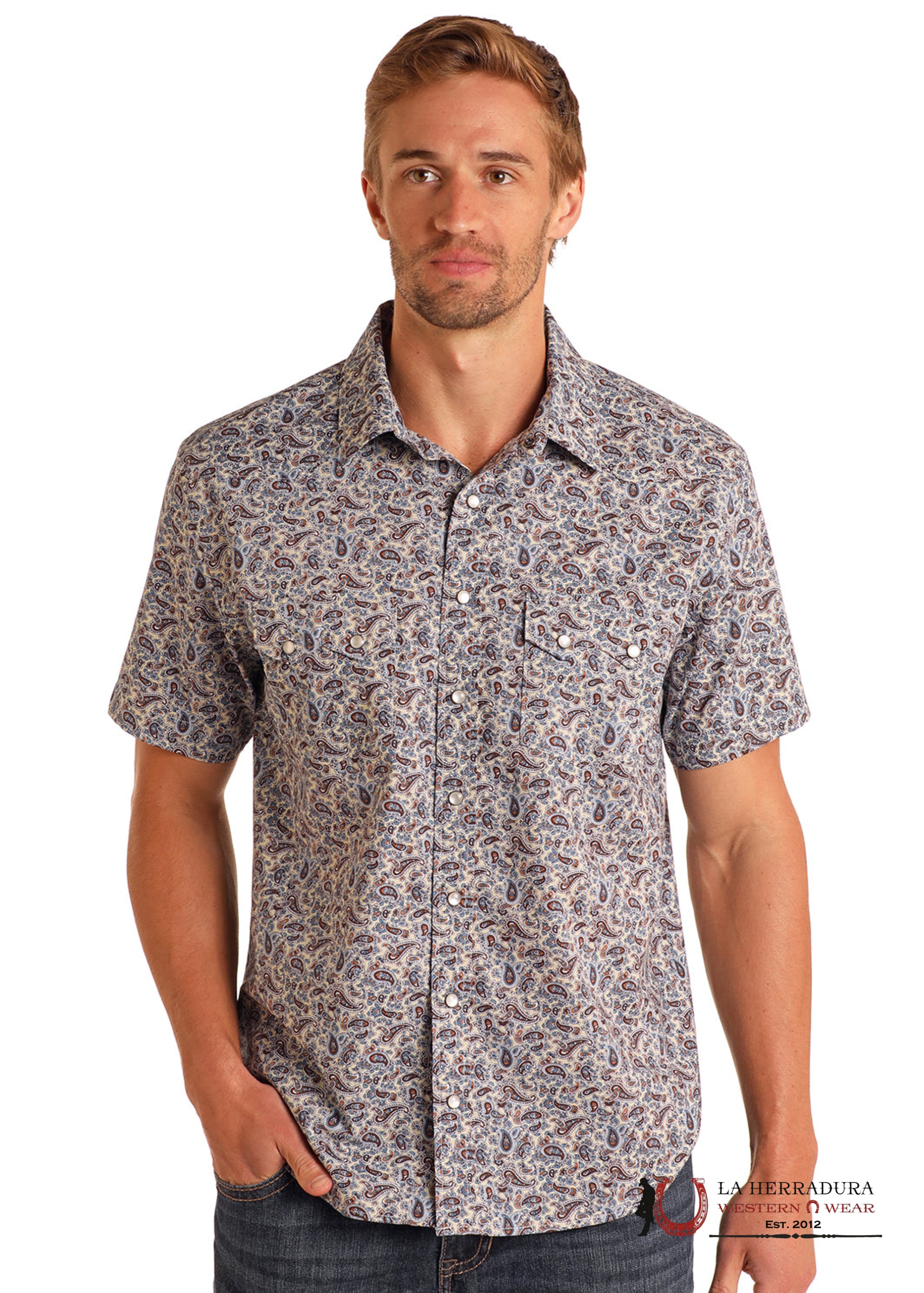 Panhandle Cream With Western Print Multi Color Short Sleeve Shirt Men - 5750 ROPA HOMBRES
