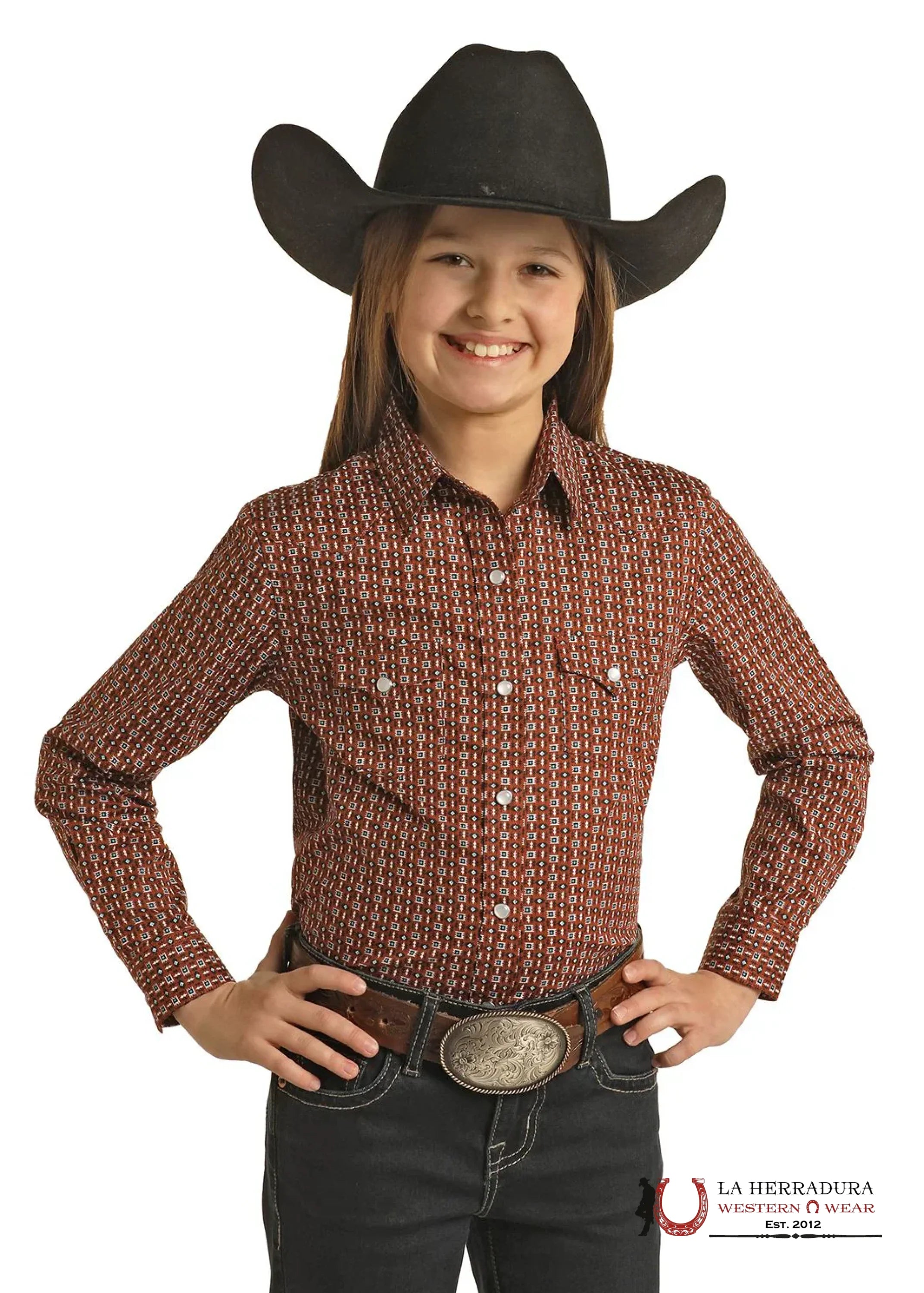 PANHANDLE GIRL’S GEOMETRIC PRINT LONG SLEEVE SNAP SHIRT NIÑAS