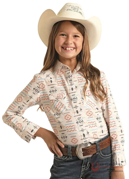 Panhandle Girl's Long Sleeve Aztec Print Snap Shirt RSGSOSRZDL