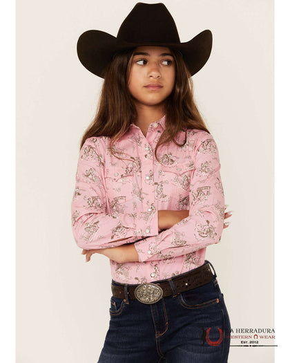 CAMISA MANGA LARGA CON BOTONES PERLADOS ESTAMPADA RODEO PARA NIÑAS PANHANDLE LGN2S04976