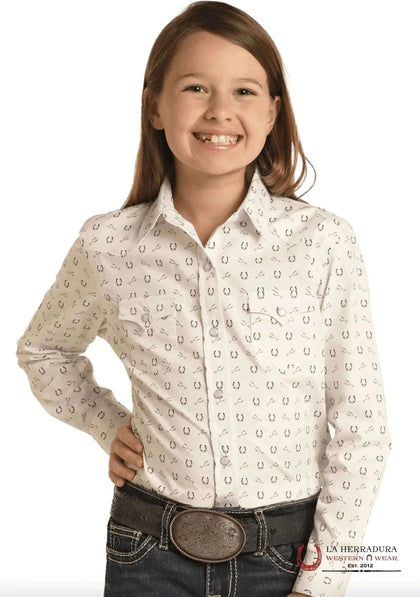 Panhandle Girl's Taupe Long Sleeve Horseshoe Print Pearl Snap Western Shirt RSGSOSR0EQ