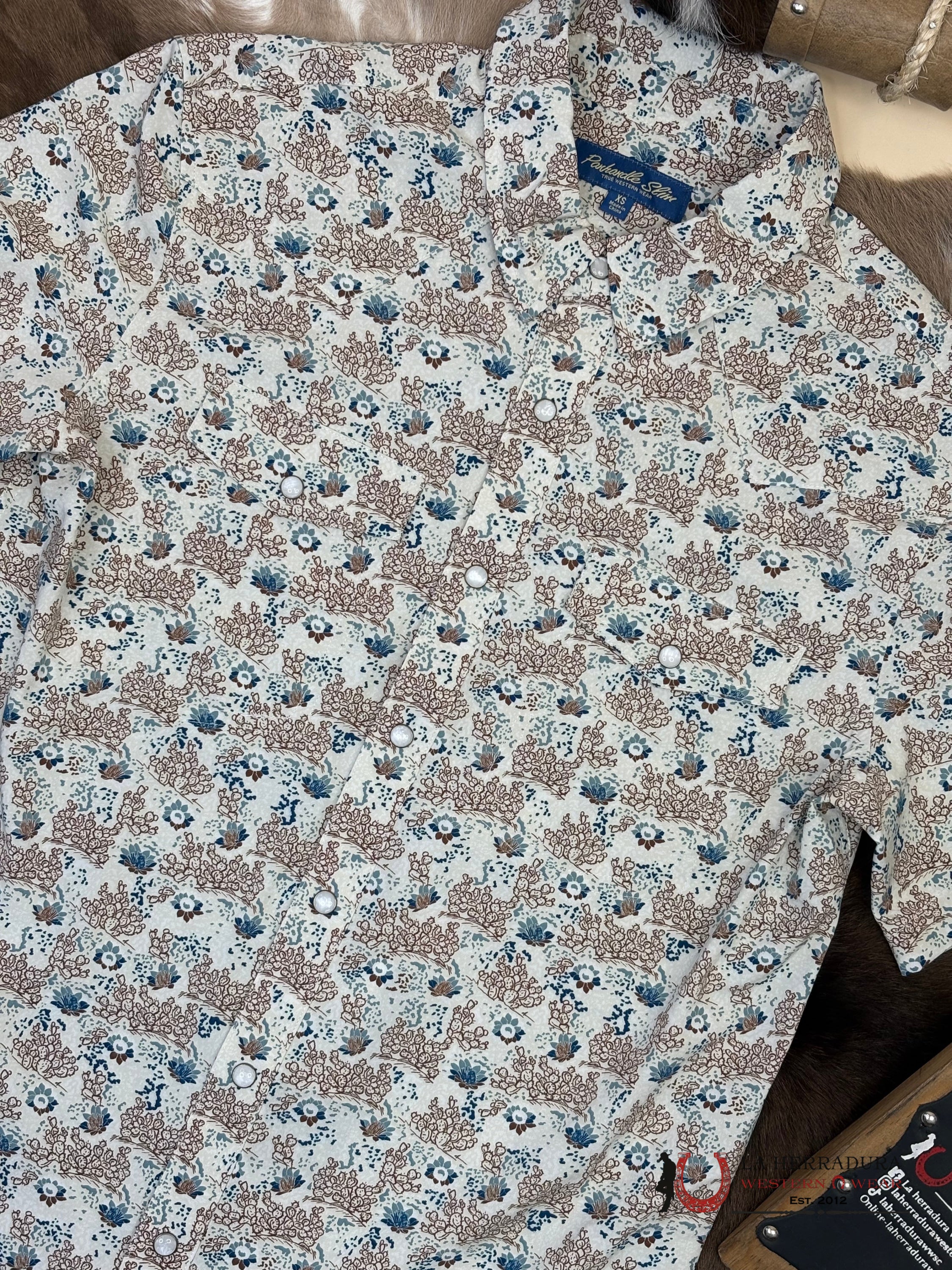 PANHANDLE NATURAL BEIGE WITH FLORAL BLUE PRINT SHORT SLEEVE SHIRT MEN - 5716 ROPA HOMBRES