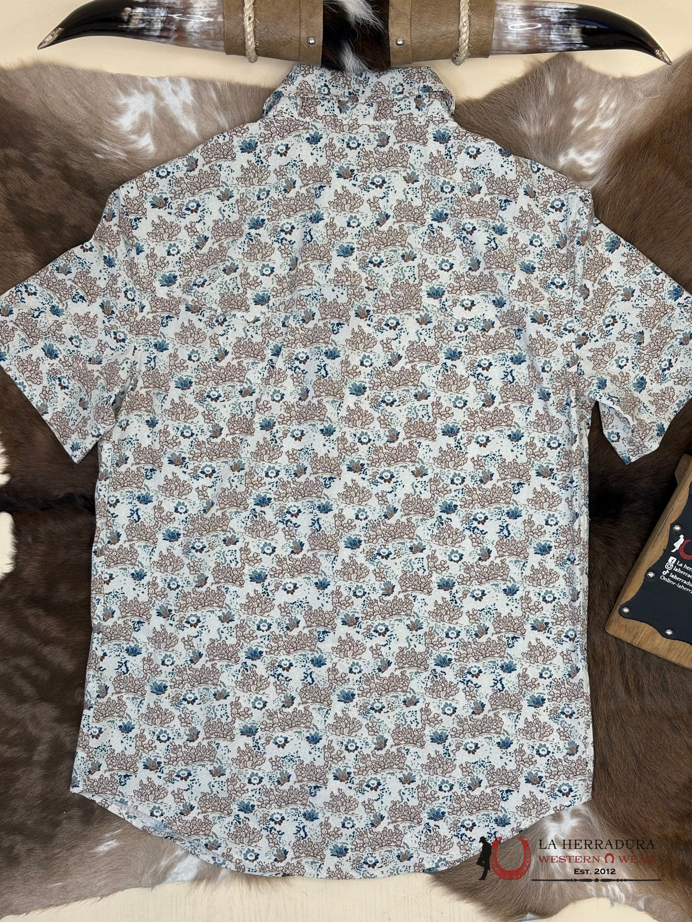 PANHANDLE NATURAL BEIGE WITH FLORAL BLUE PRINT SHORT SLEEVE SHIRT MEN - 5716 ROPA HOMBRES