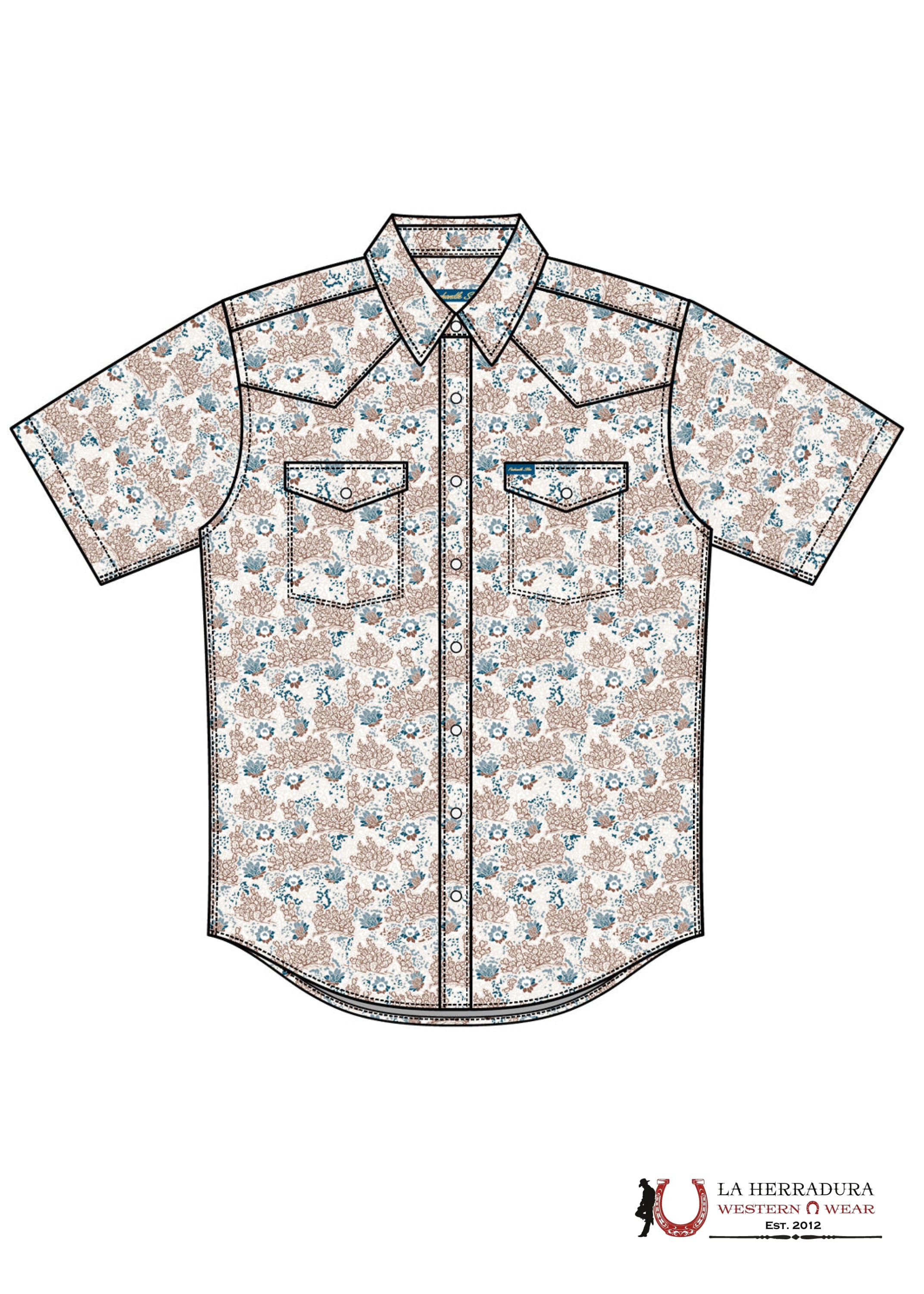 PANHANDLE NATURAL BEIGE WITH FLORAL BLUE PRINT SHORT SLEEVE SHIRT MEN - 5716 ROPA HOMBRES