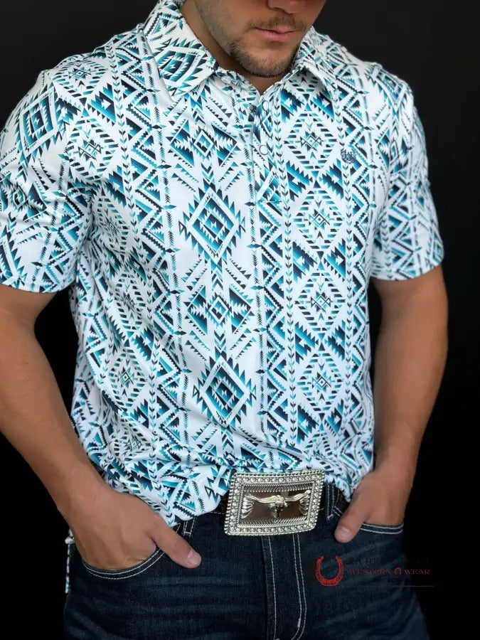 Panhandle Performance Turquoise Aztec Stripe Snap Knit Polo Short Sleeve Shirt Ropa Hombres