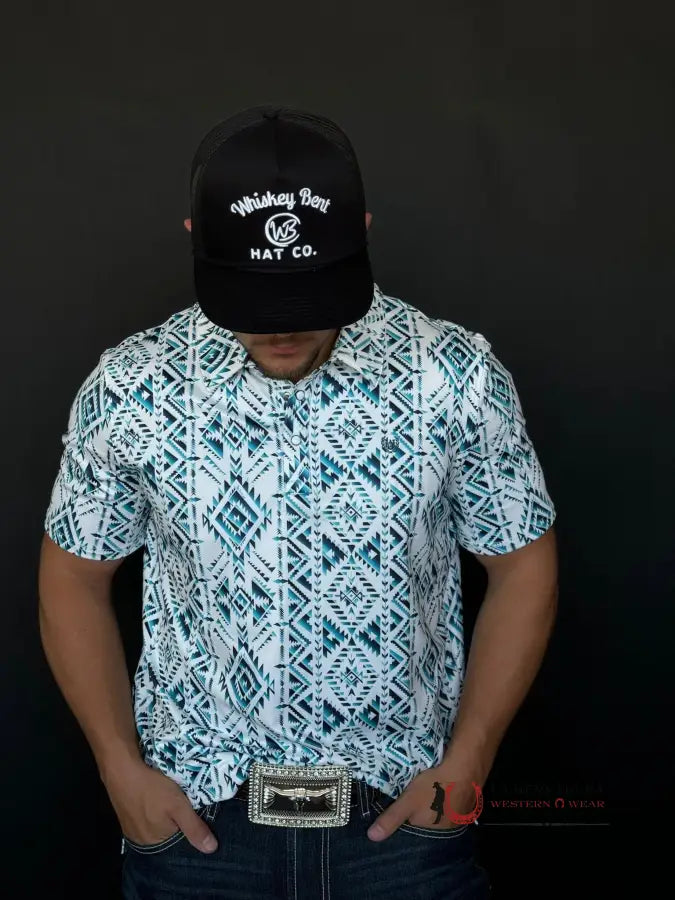 Panhandle Performance Turquoise Aztec Stripe Snap Knit Polo Short Sleeve Shirt Ropa Hombres