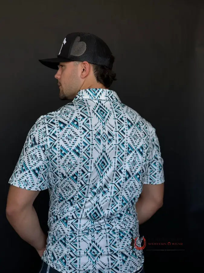 Panhandle Performance Turquoise Aztec Stripe Snap Knit Polo Short Sleeve Shirt Ropa Hombres