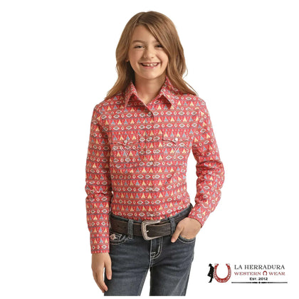 Panhandle Slim Camiseta de niña con patrón Tee Pee Roja con botones a presión WLGSOSRZHR