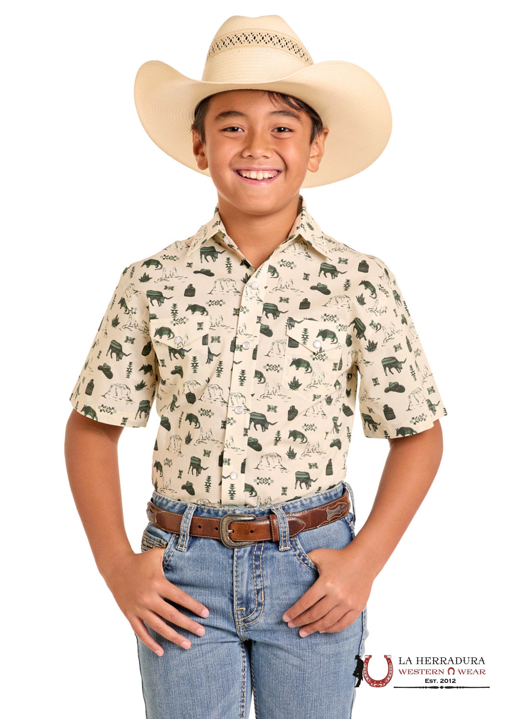 Panhandle Tan Green Short Sleeve Shirt Boys - PBN3S06575 NIÑOS