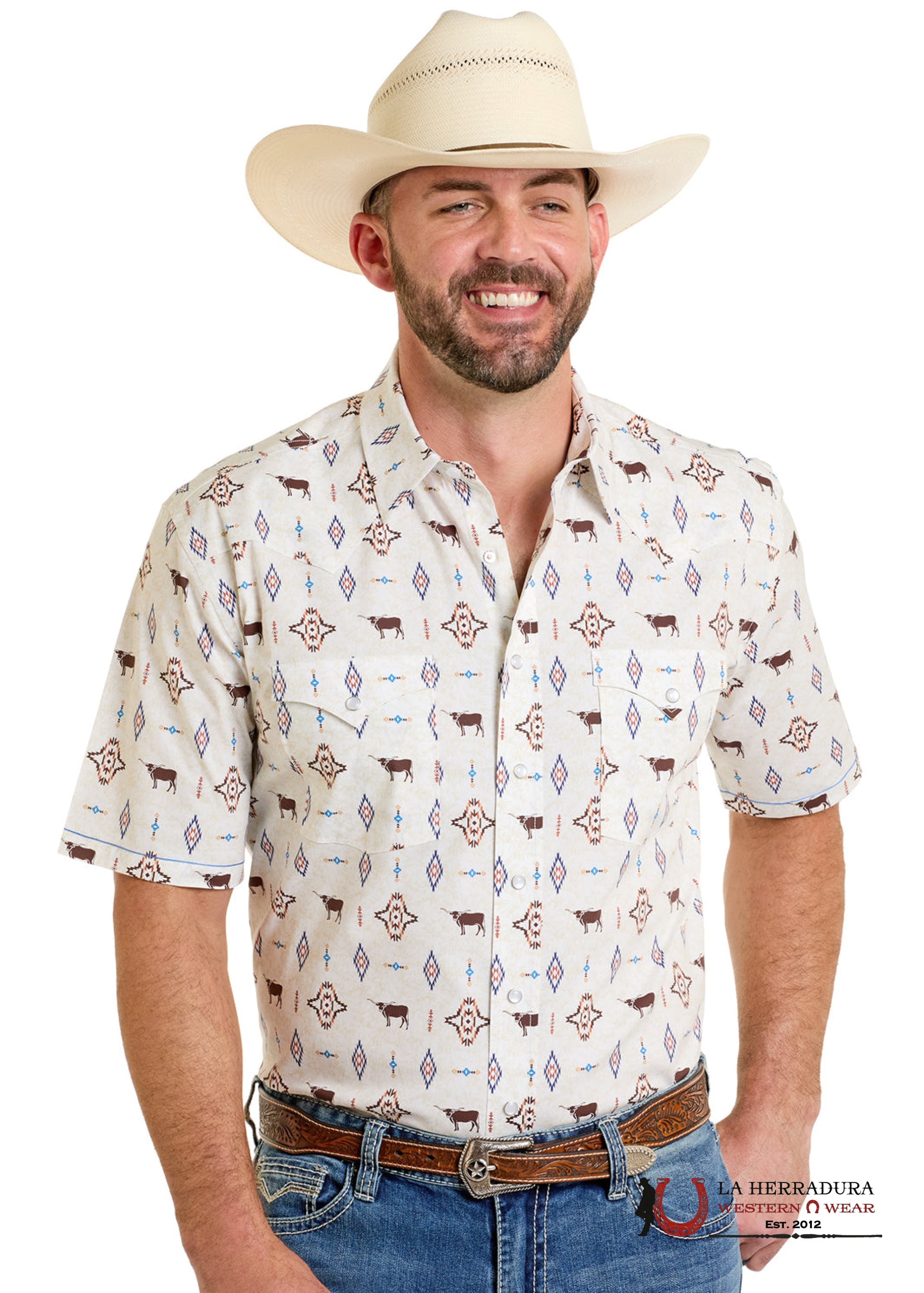 Panhandle Tan Short Sleeve With Aztec Print Shirt - 6528 ROPA HOMBRES