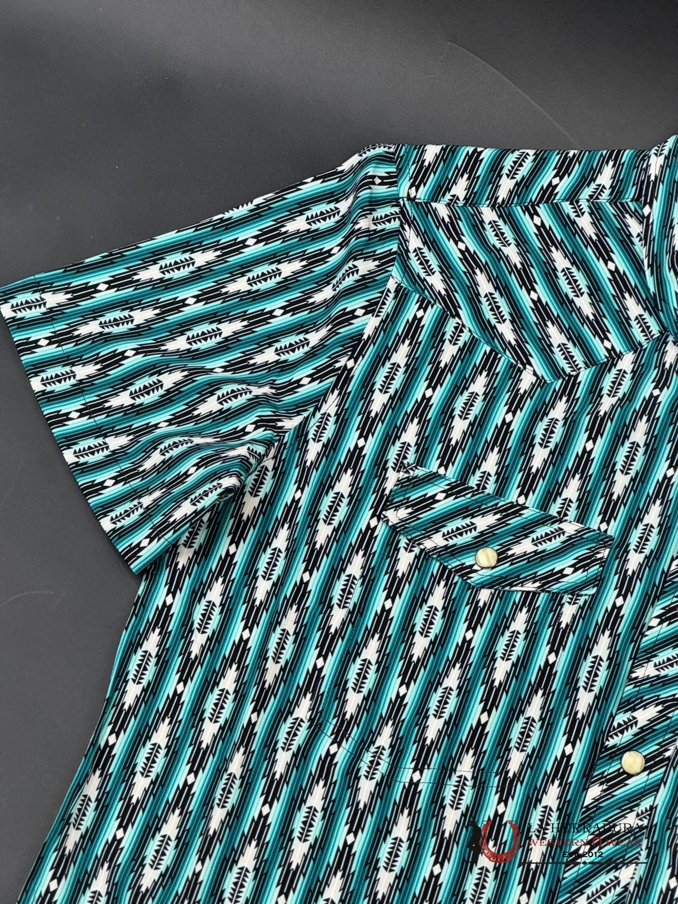 Panhandle Turq Aztec Woven Short Sleeve Snap Shirt4306 Ropa Hombres