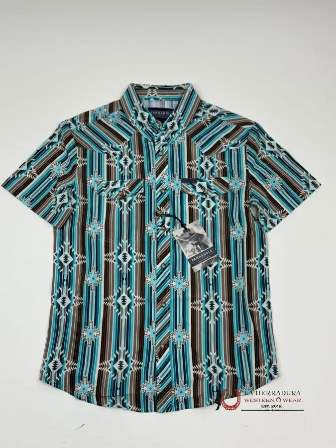 Panhandle Turquoise Brown Aztec Woven Snap Short Sleeve Ropa Hombres