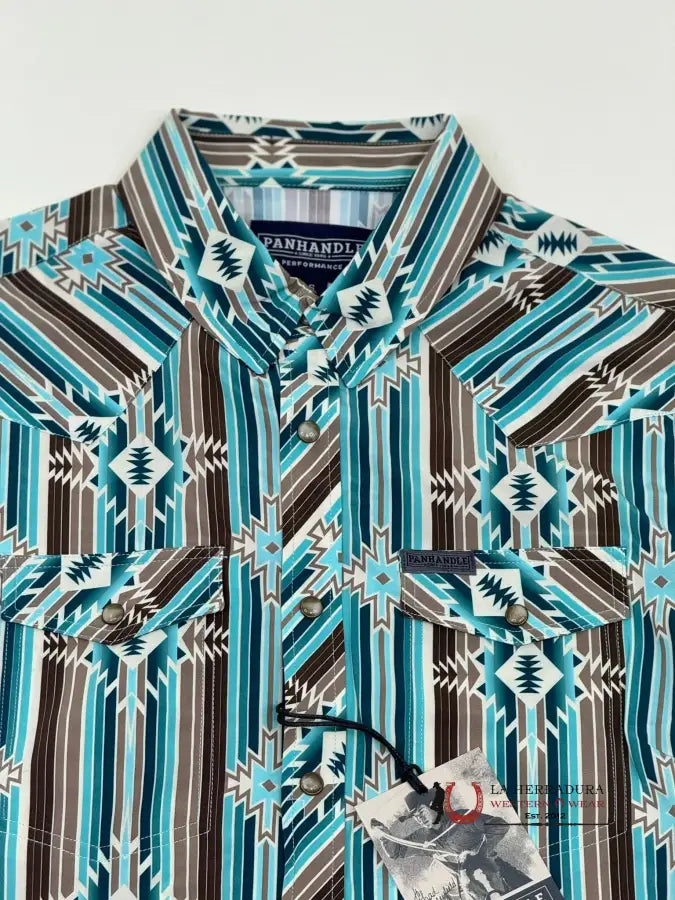 Panhandle Turquoise Brown Aztec Woven Snap Short Sleeve Ropa Hombres