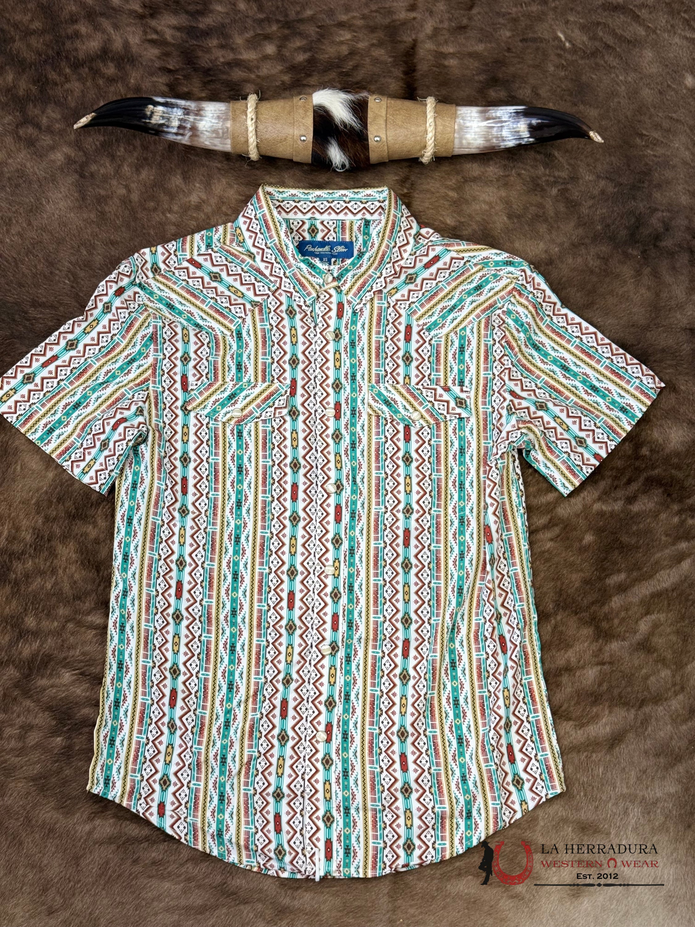 Panhandle Turquoise Short Sleeve With Multi Color Aztec Print Shirt - 6647 ROPA HOMBRES
