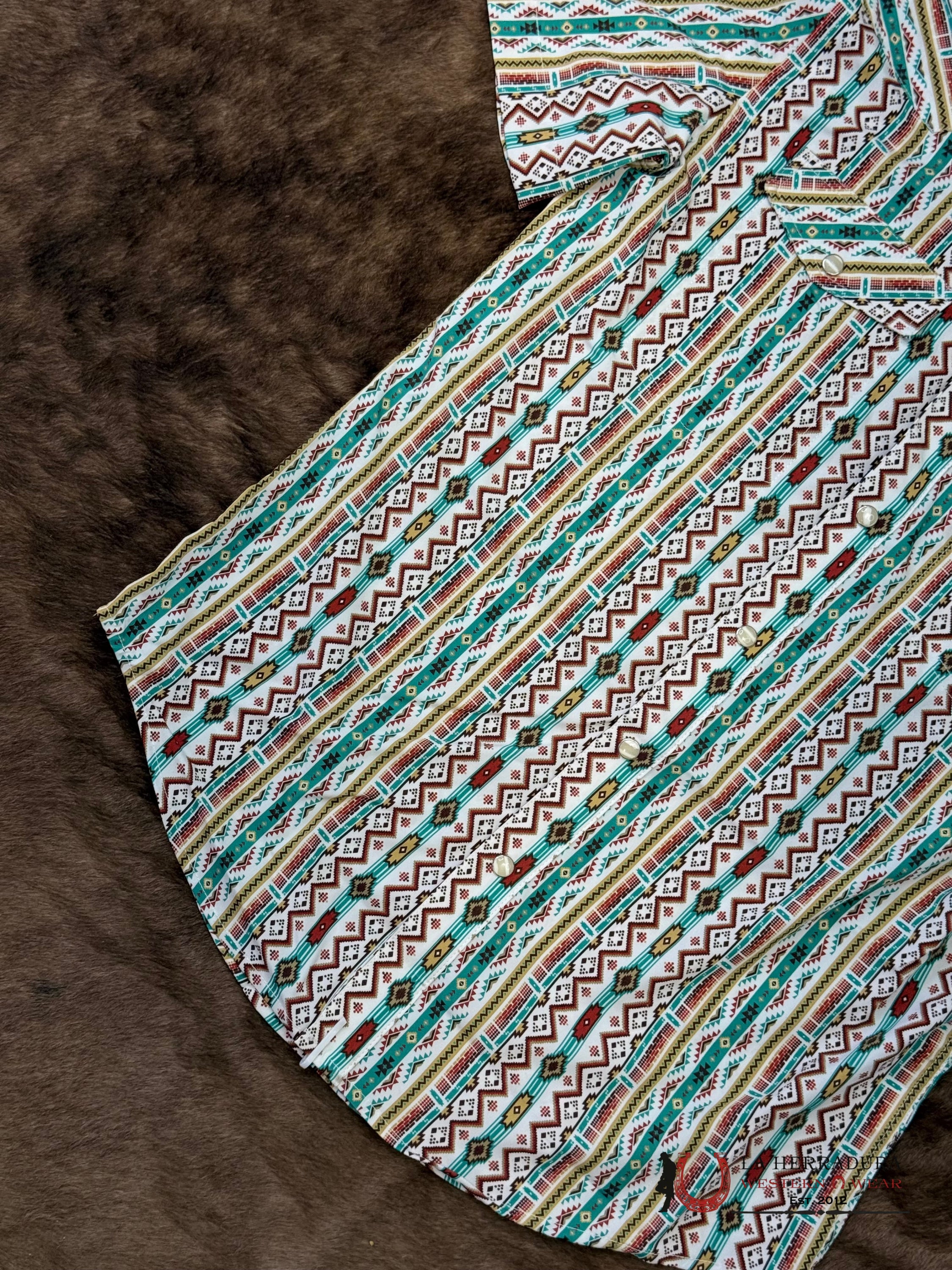 Panhandle Turquoise Short Sleeve With Multi Color Aztec Print Shirt - 6647 ROPA HOMBRES
