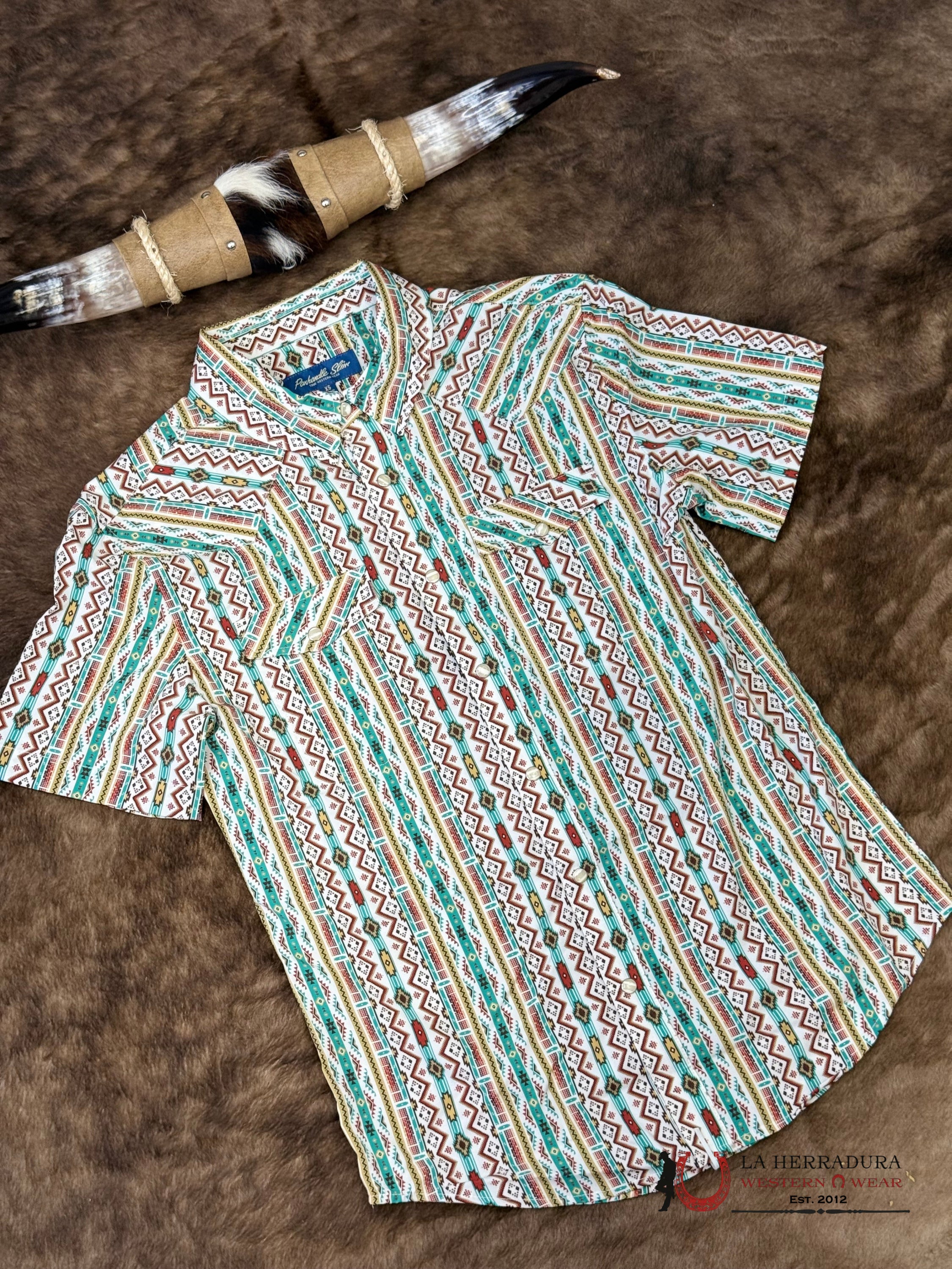 Panhandle Turquoise Short Sleeve With Multi Color Aztec Print Shirt - 6647 ROPA HOMBRES
