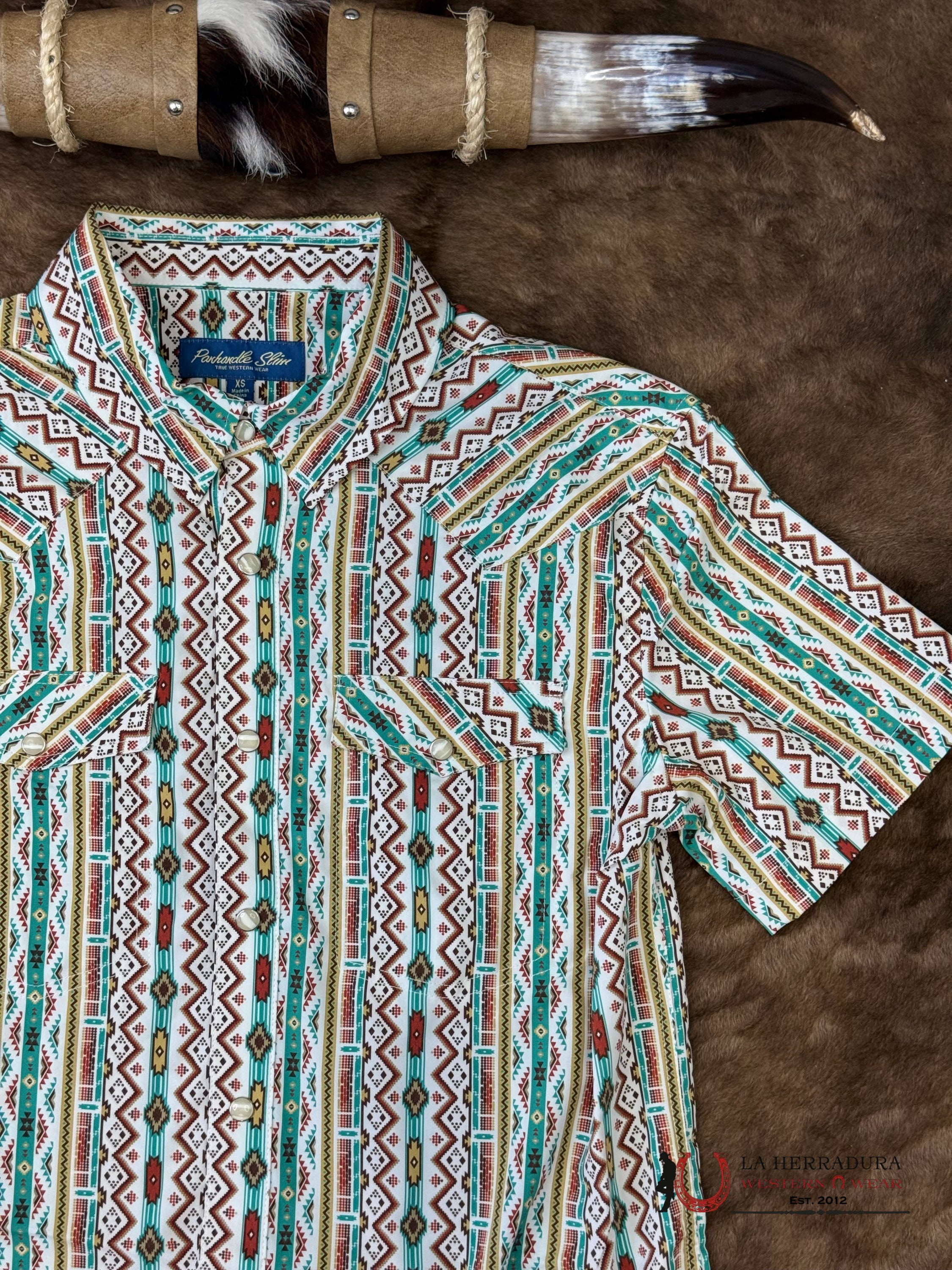 Panhandle Turquoise Short Sleeve With Multi Color Aztec Print Shirt - 6647 ROPA HOMBRES