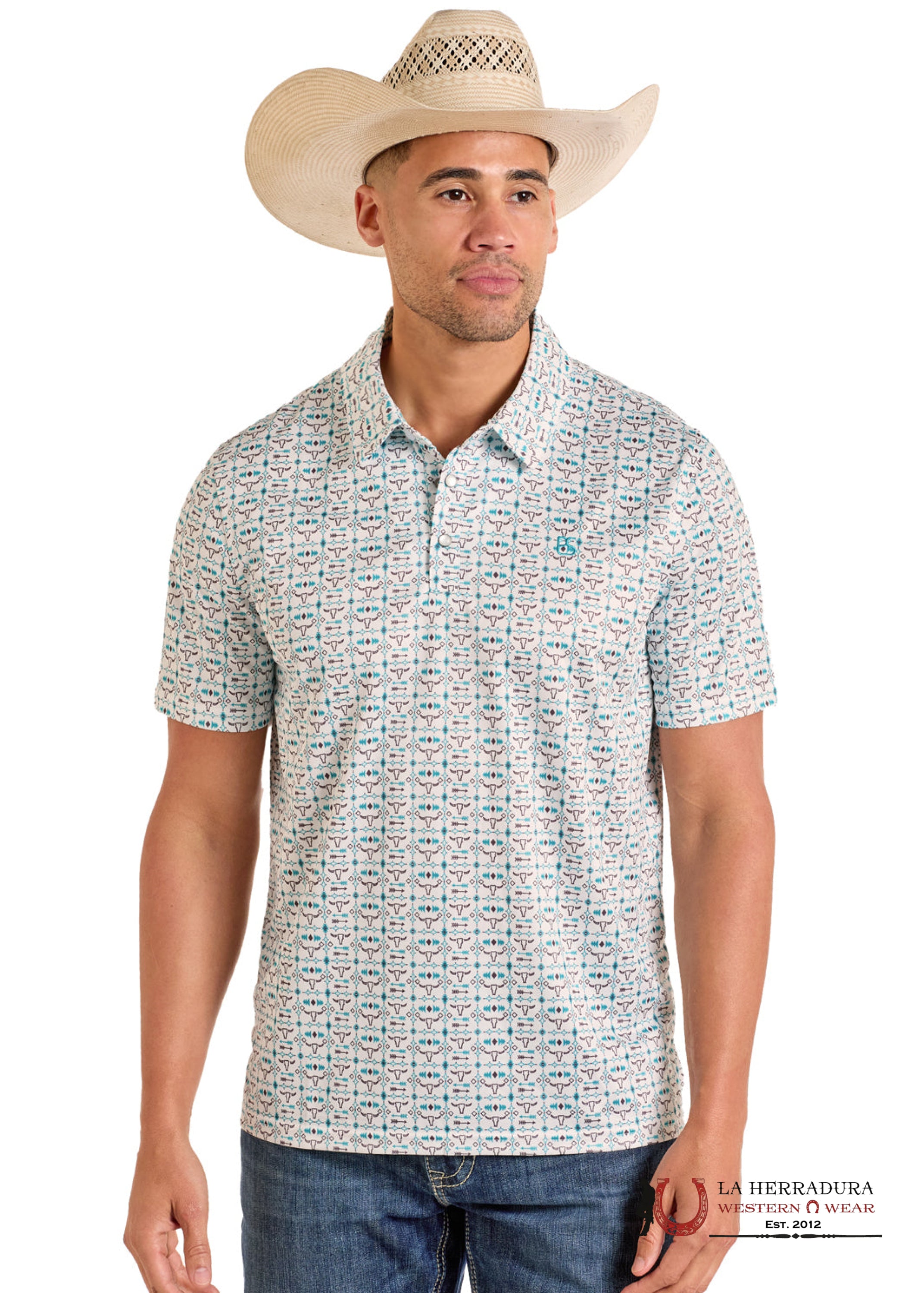 Panhandle Turquoise With Aztec Print Short Sleeve Shirt - 6521 ROPA HOMBRES