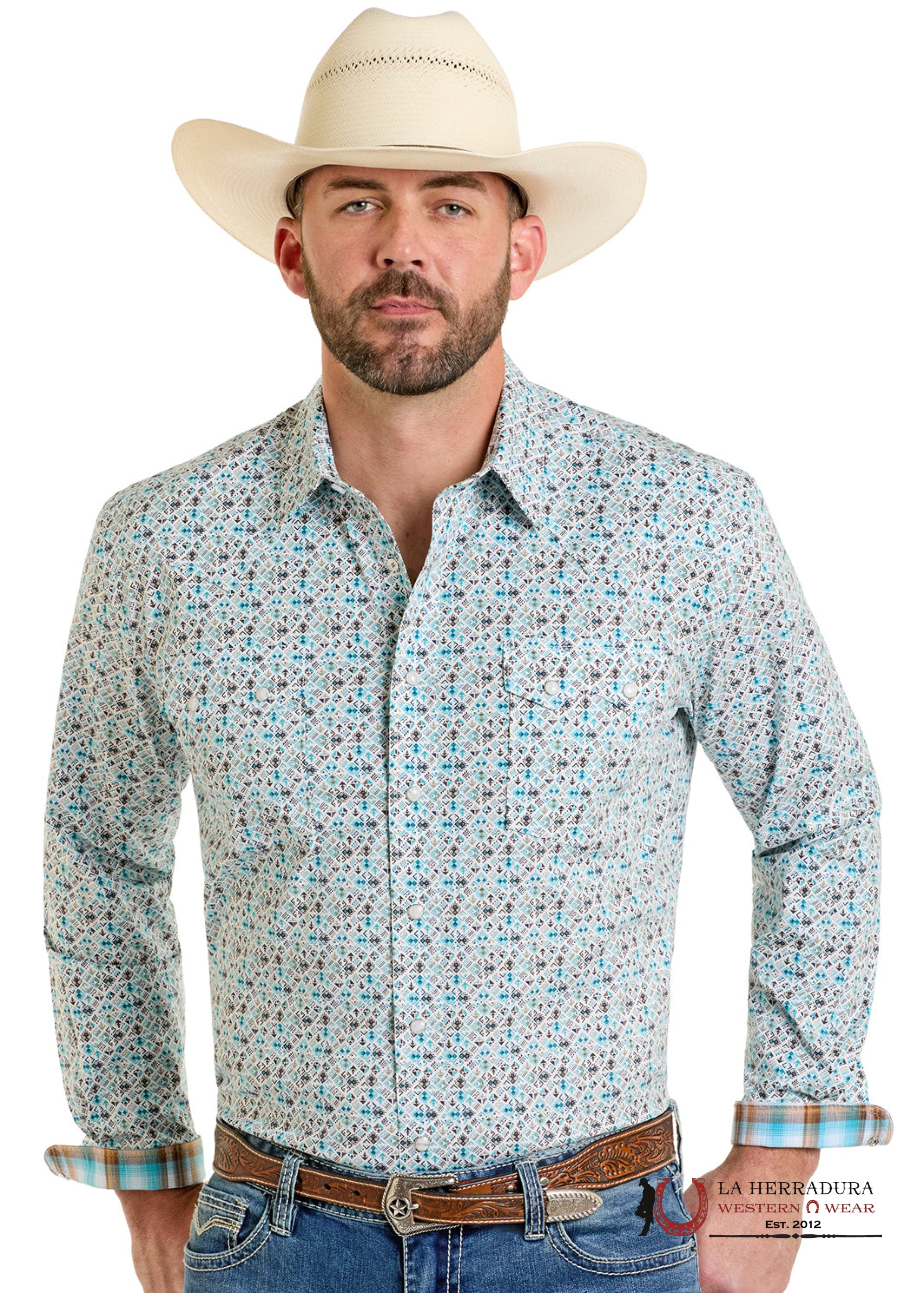 Panhandle Turquoise With Multi Color Aztec Print Long Sleeve Shirt - 6539 ROPA HOMBRES