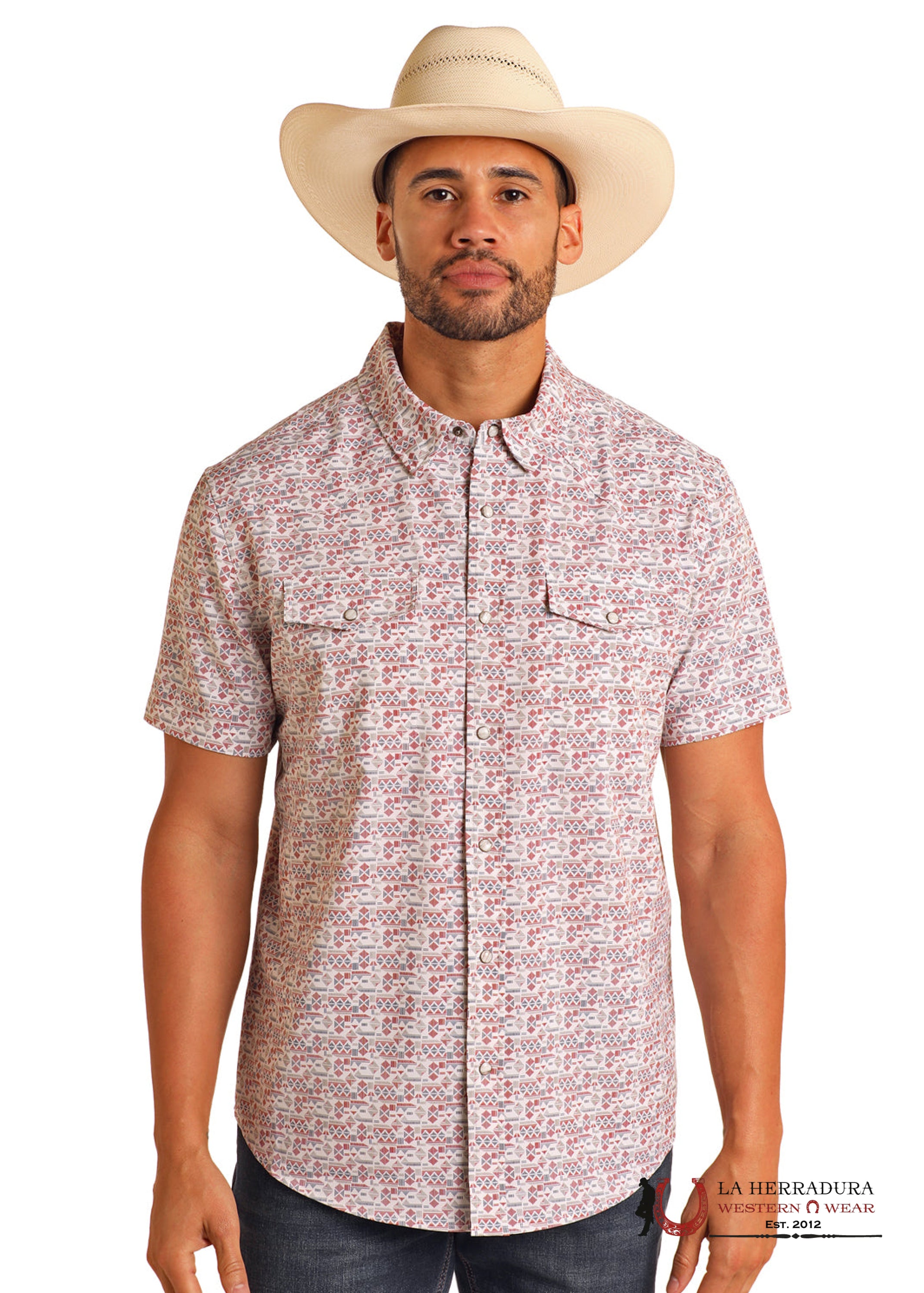 PANHANDLE White With Aztec Print Short Sleeve Men’s Shirt - 5703 ROPA HOMBRES