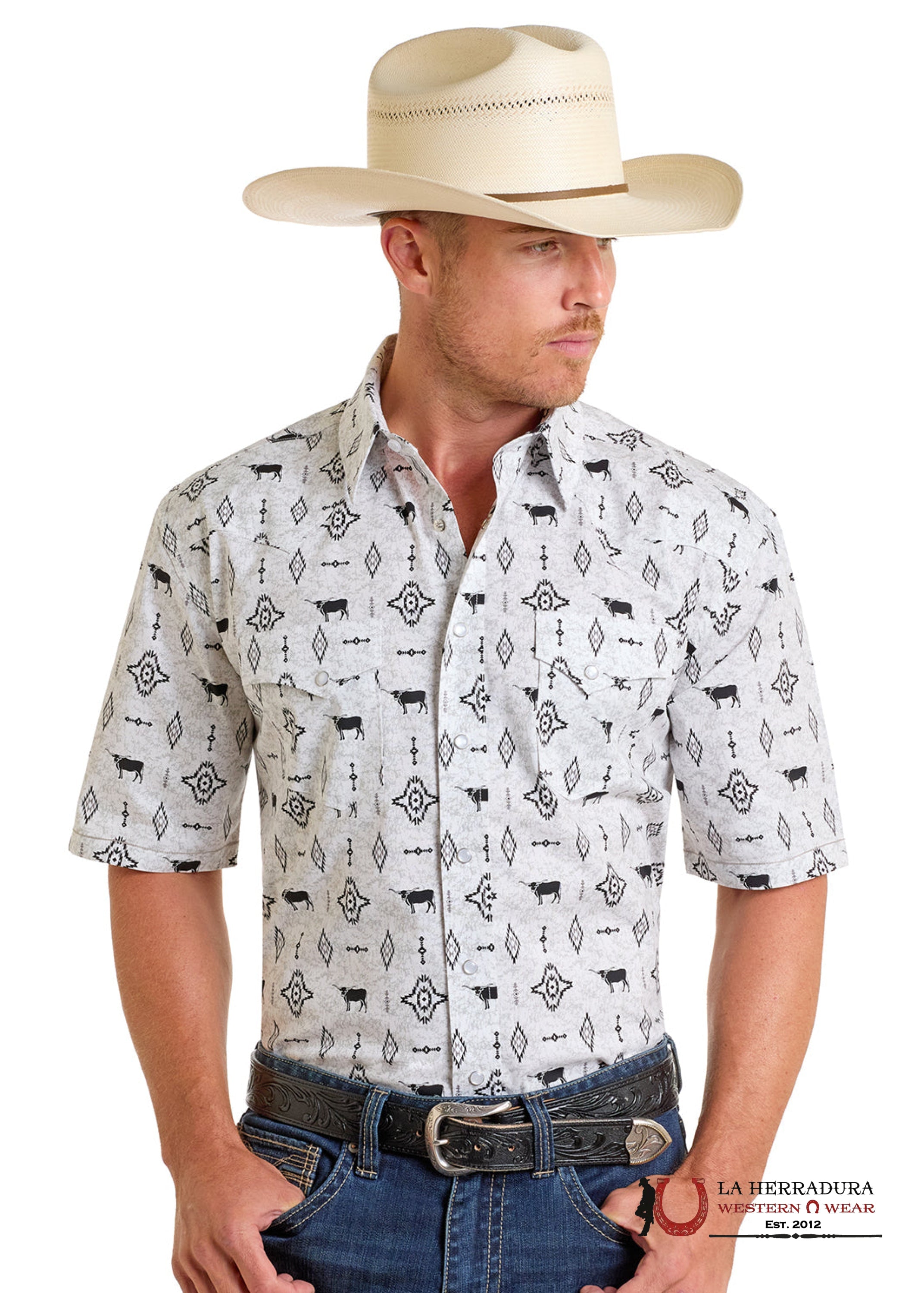 Panhandle White With Black Aztec Print Short Sleeve Shirt - 6553 ROPA HOMBRES