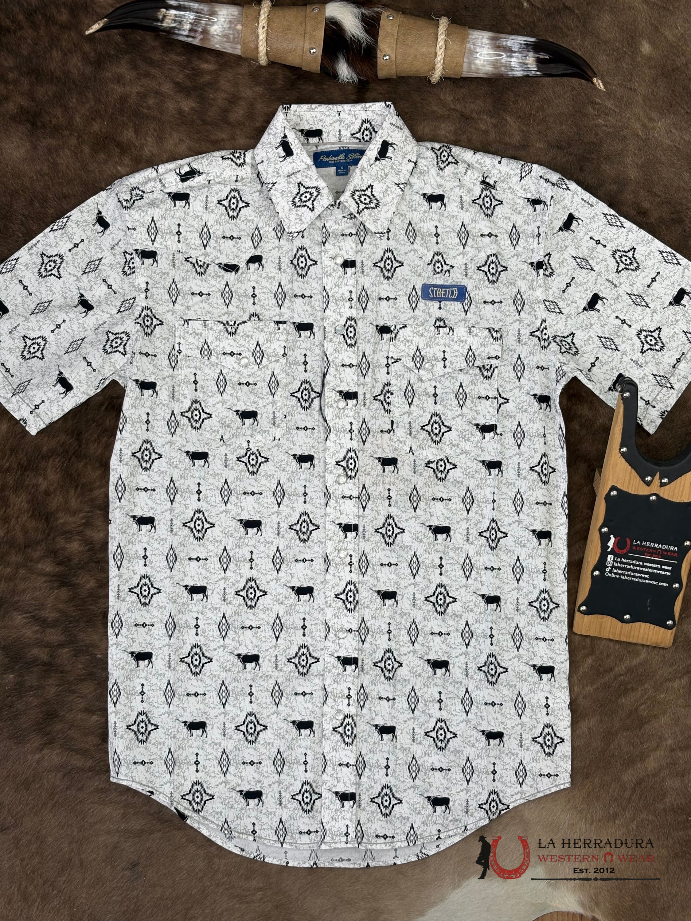 Panhandle White With Black Aztec Print Short Sleeve Shirt - 6553 ROPA HOMBRES