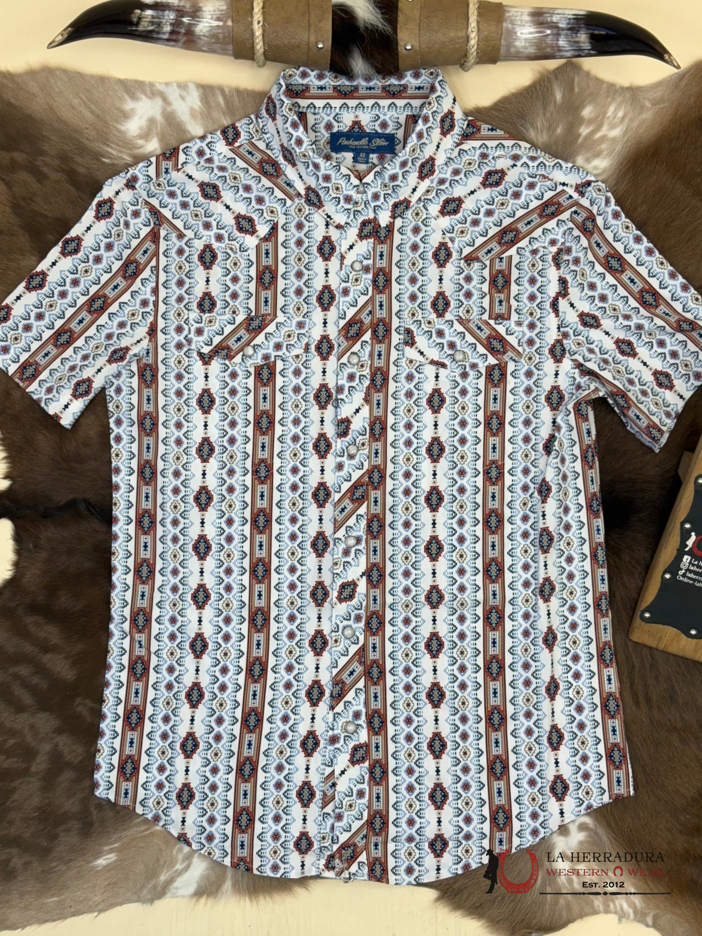 PANHANDLE WHITE WITH BLUE/MULTI PRINT AZTEC SHORT SLEEVE SHIRT MEN - 5715 ROPA HOMBRES