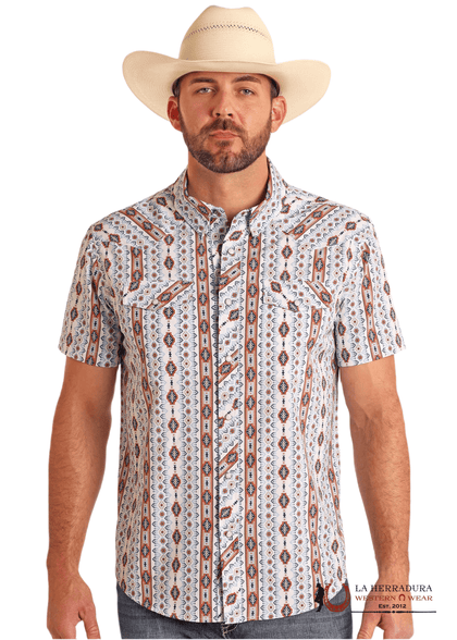PANHANDLE WHITE WITH BLUE/MULTI PRINT AZTEC SHORT SLEEVE SHIRT MEN - TMN3S05715