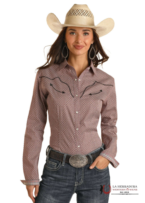CAMISA DE MANGA LARGA CON BROCHES Y FLECHA BORGOÑA PARA MUJER PANHANDLE RWN2S03184