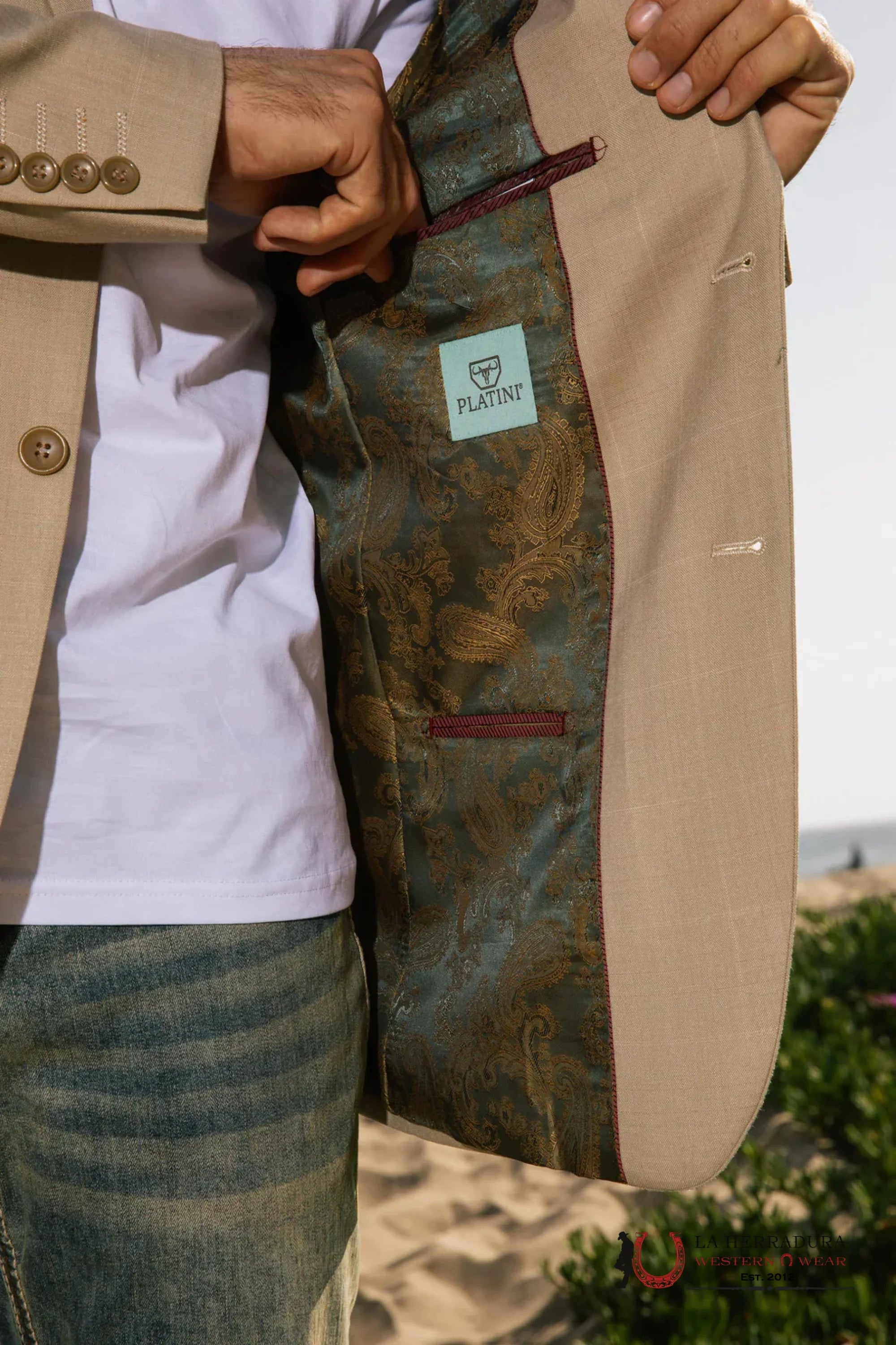 Beige Smooth Liso Tela Rancher Blazer- Blz10124 Ropa Hombres