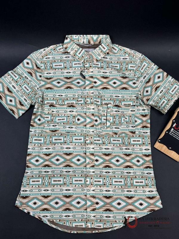 CAMISA PLATINI BEIGE TEAL AZTECA MANGA CORTA
