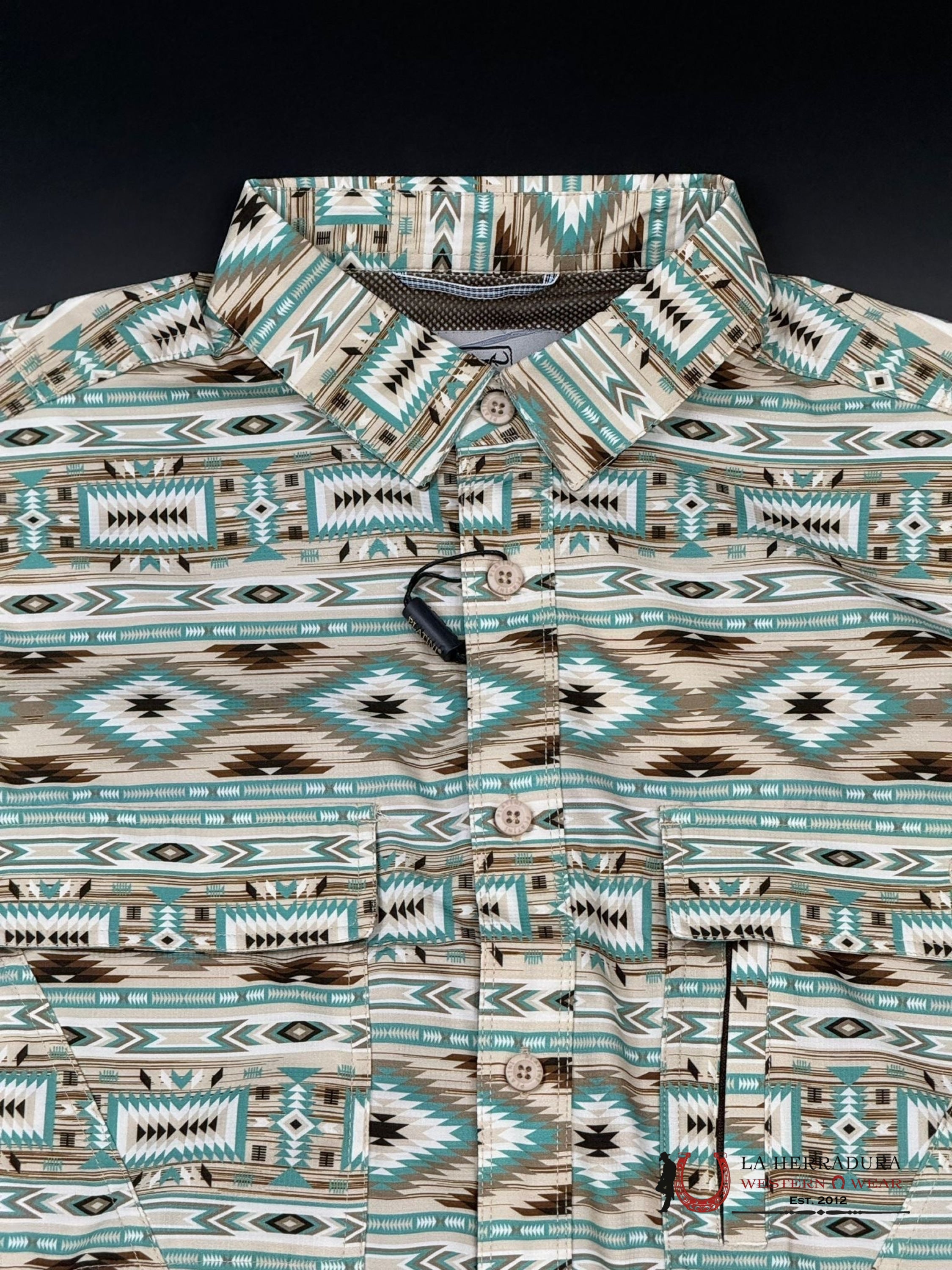 Platini Beige Teal Aztec Short Sleeve Shirt Ropa Hombres