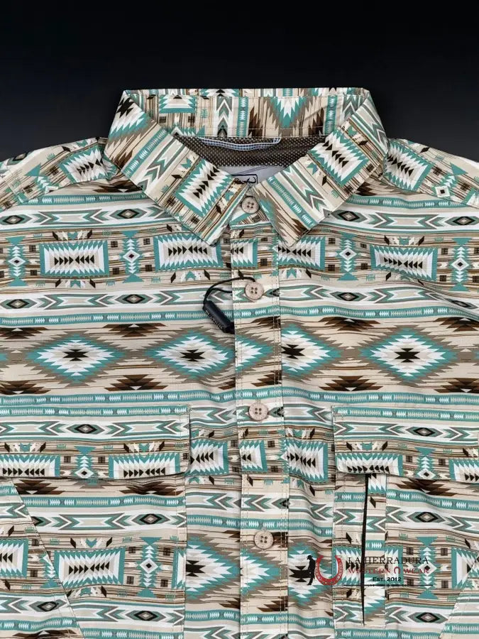 Platini Beige Teal Aztec Short Sleeve Shirt Ropa Hombres