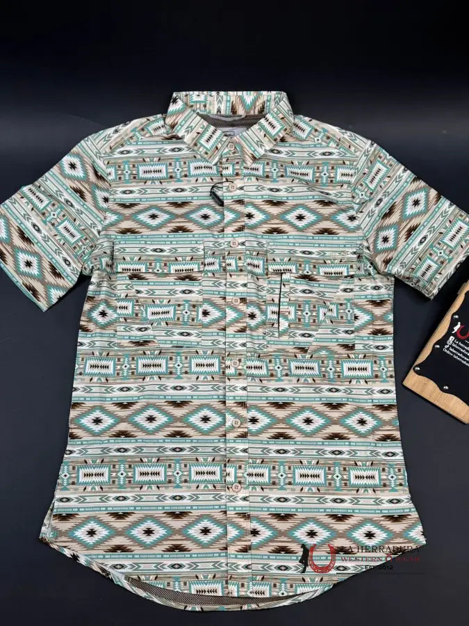 Platini Beige Teal Aztec Short Sleeve Shirt Ropa Hombres