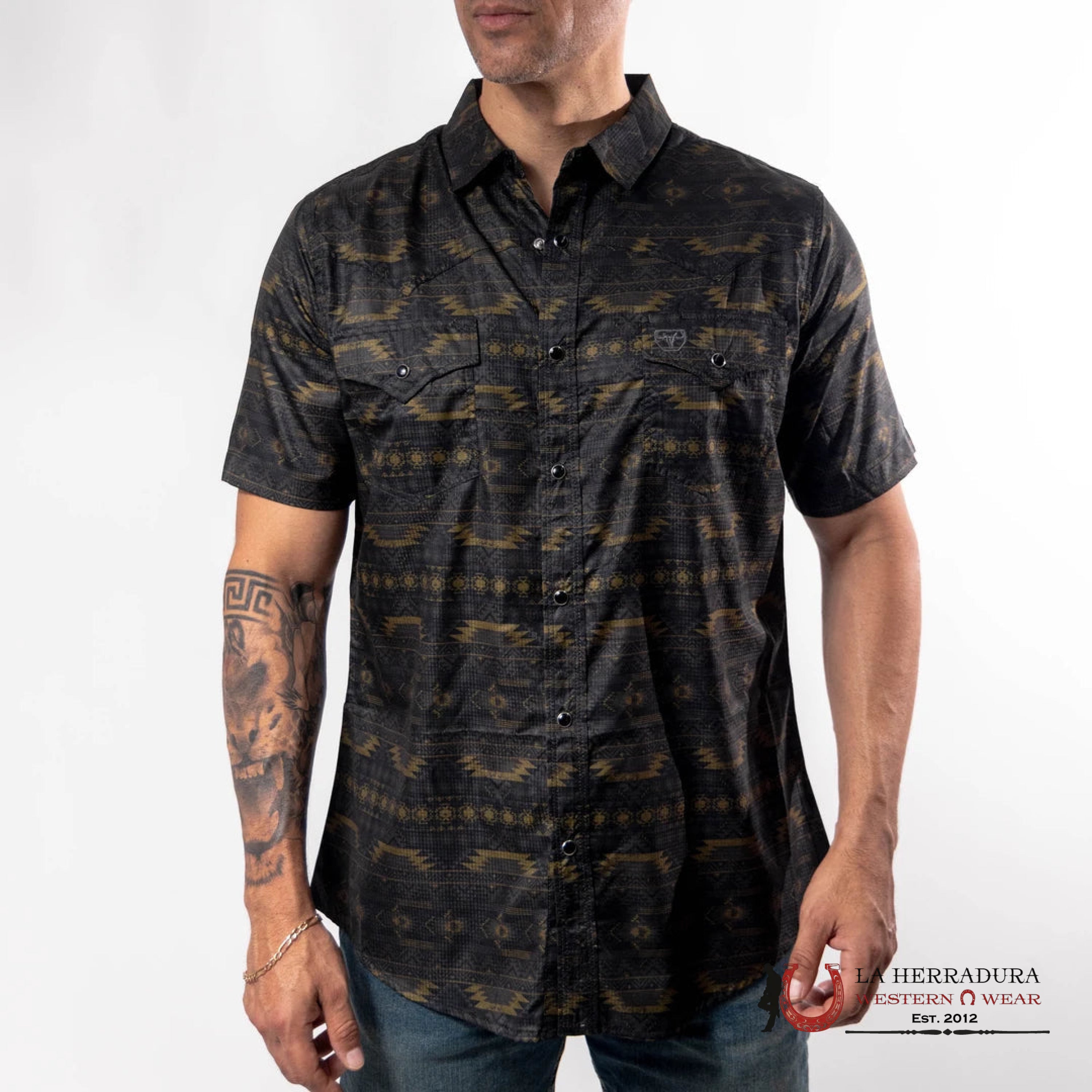 PLATINI BLACK AZTEC SHORT SLEEVE SHIRT PGS9872 ROPA HOMBRES