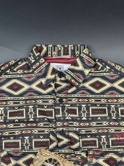 PLATINI BLACK MAROON AZTEC SHORT SLEEVE SHIRT PGS10201