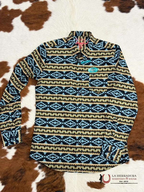 PLATINI MANGA LARGA CON ESTAMPADO AZTECA EN AZUL TEAL Y NEGRO