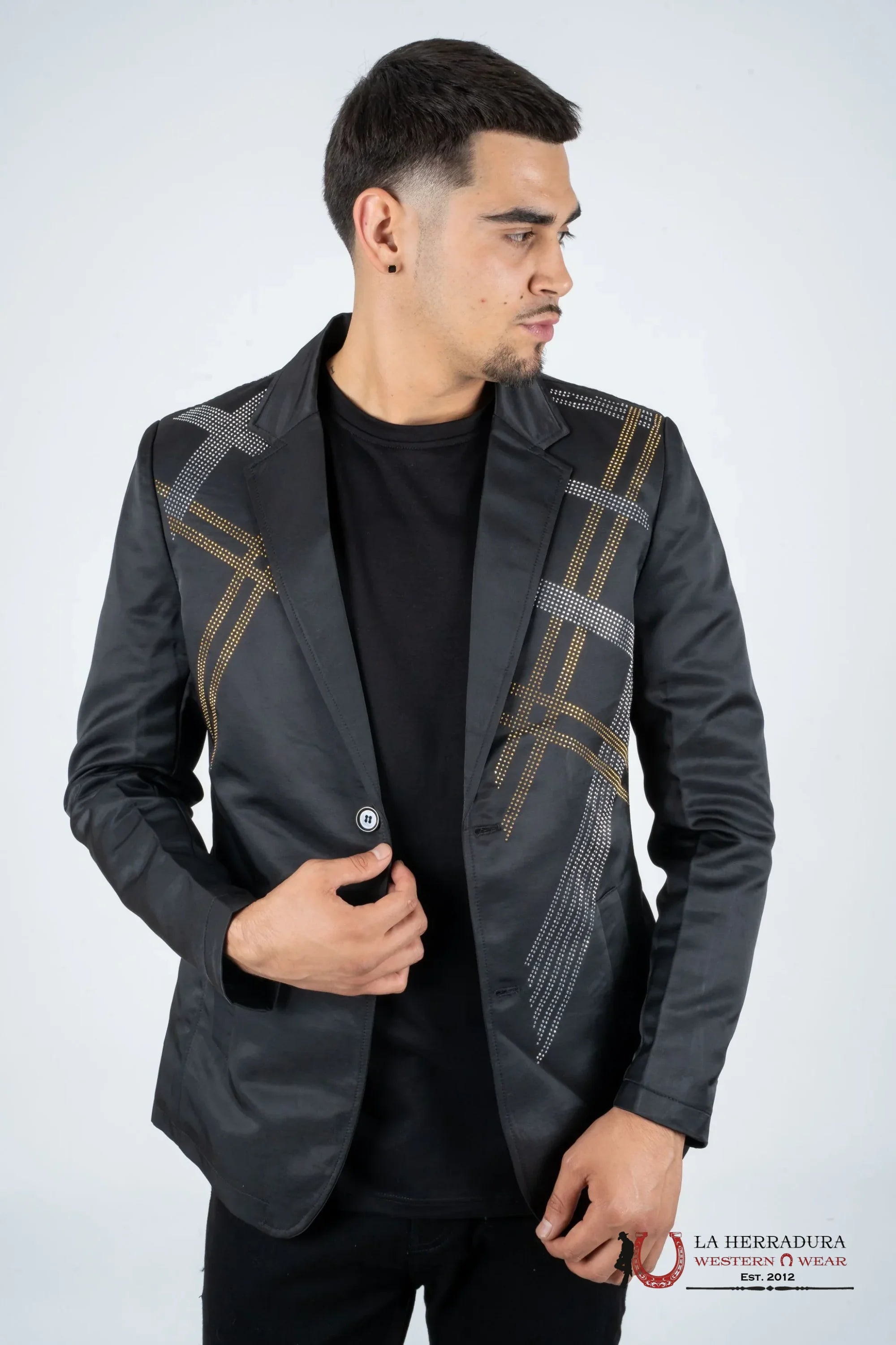 PLATINI MENS BLACK BLAZER WITH GOLD AND SILVER RHINESTONES- BLZ8102 ROPA HOMBRES
