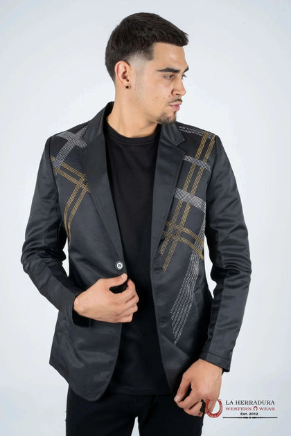 PLATINI MENS BLACK BLAZER WITH GOLD AND SILVER RHINESTONES- BLZ8102