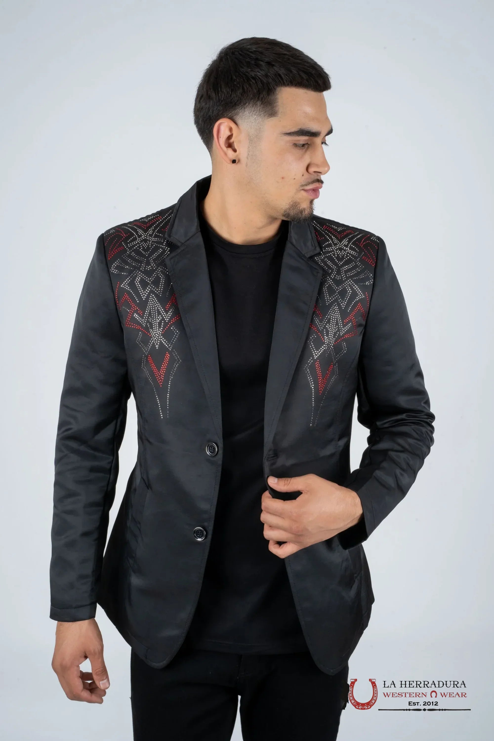 PLATINI MENS BLACK BLAZER WITH RED AND SILVER RHINESTONES- BLZ8100 ROPA HOMBRES